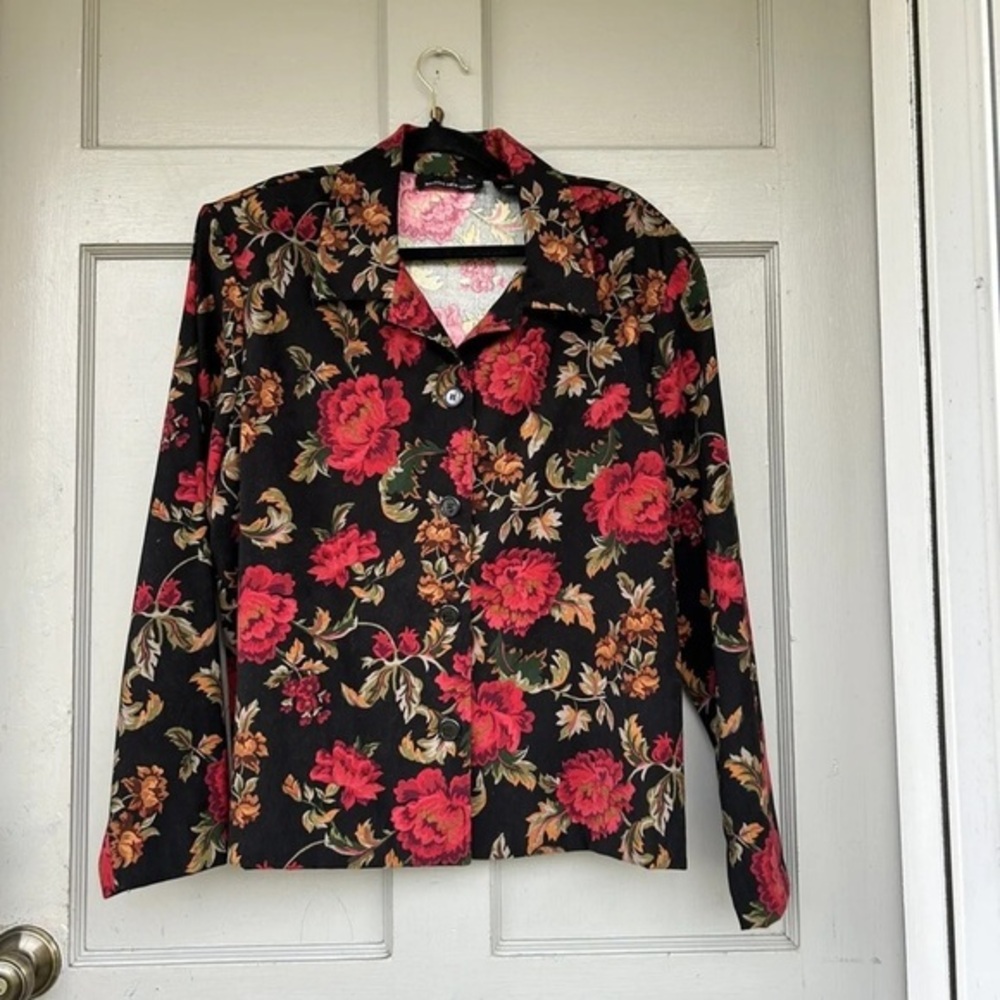 Briggs New‎ York Jacket Womens Long Sleeve Button Up Black Red Floral XL
